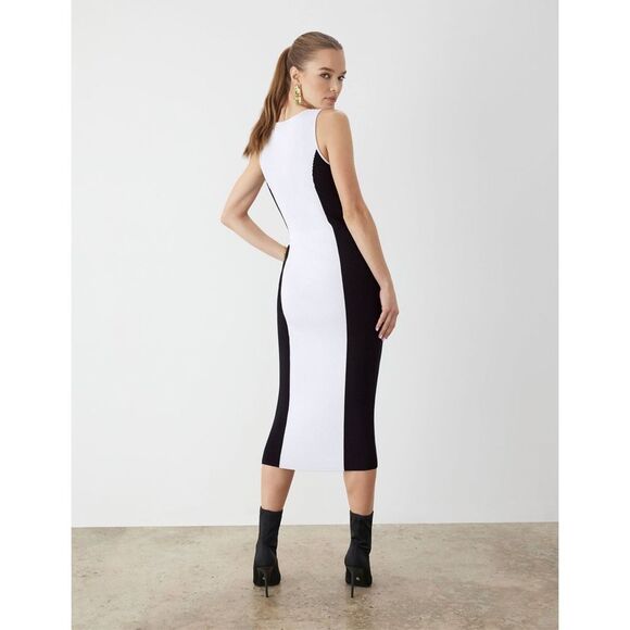 GSTQ NWT white black color block Ribbed V-Neck midi Dress size small - Picture 2 of 13